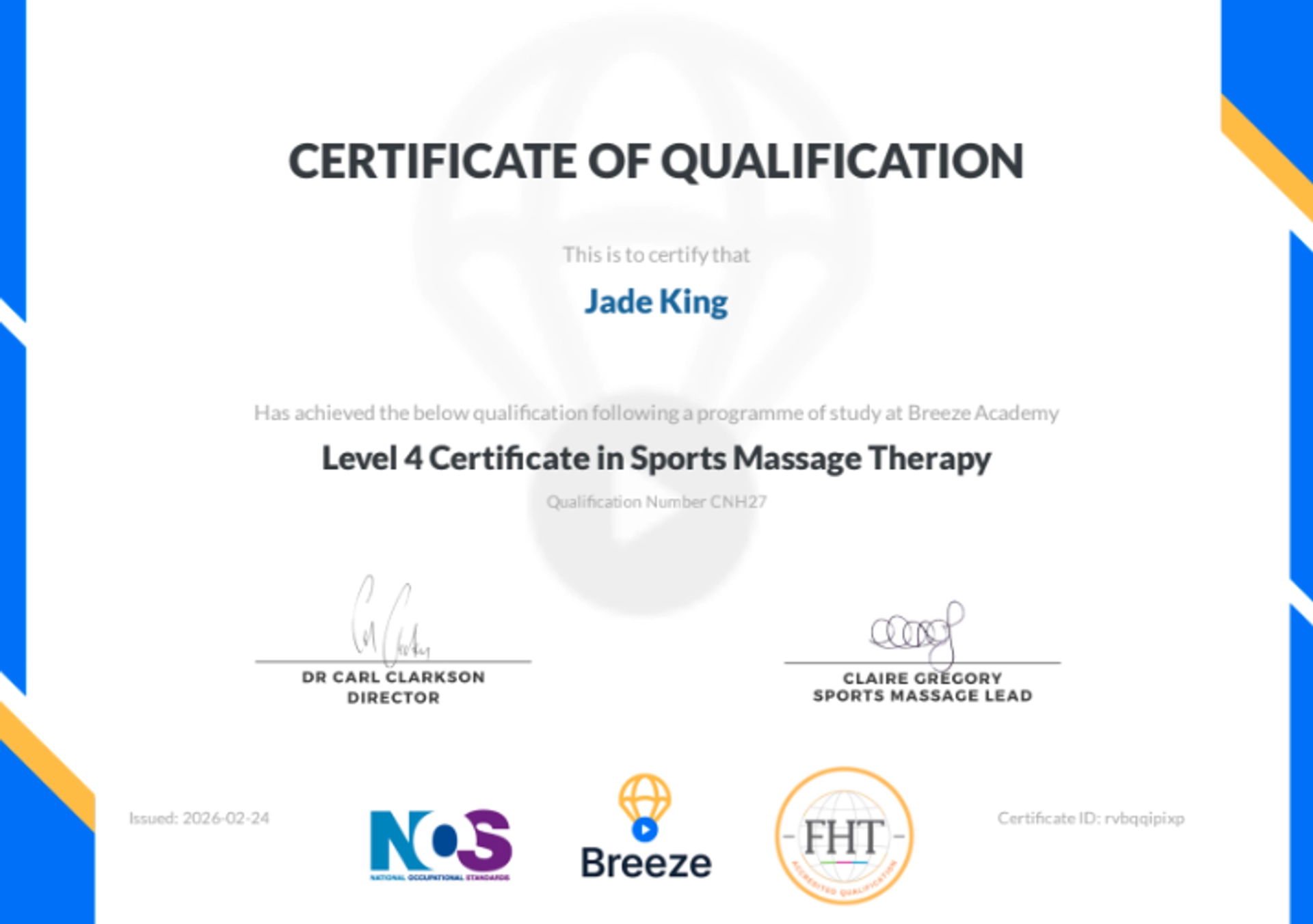 JK Sports Massage Professional Certificate